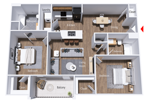 A floor plan of a house with labeled rooms such as Bedroom, Bathroom, Kitchen, Dining, Living Room, Balcony, and Closet.